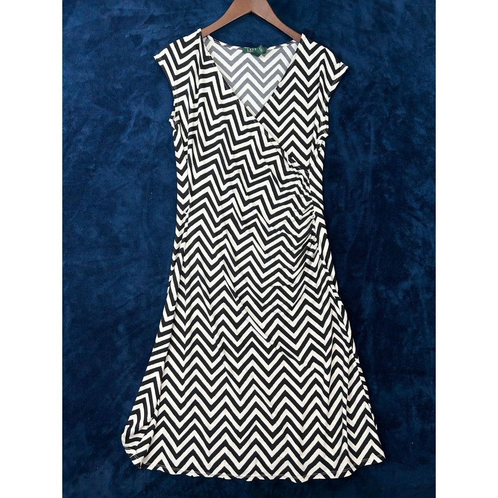 Lauren Ralph Lauren Sheath Dress‎ Medium Black Chevron Stretchy Sexy Faux Wrap